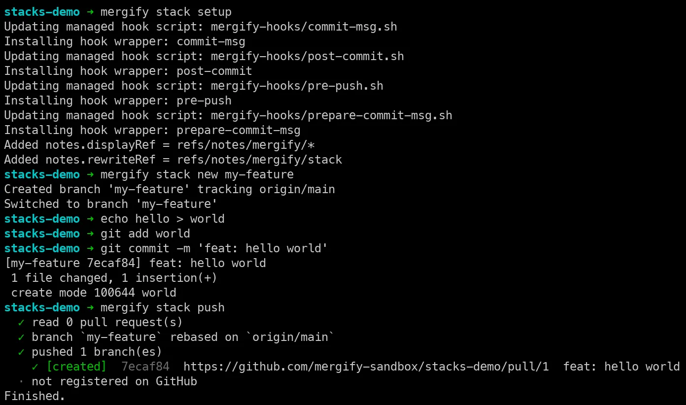 Terminal showing mergify stack setup, new, and push